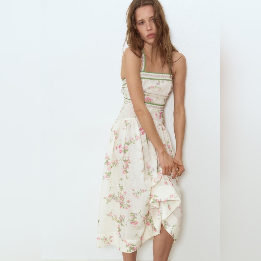 H&M Cream Midi Dress with Pink Floral Print